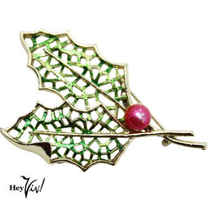 Vintage Double Holiday Holly Leaf Pin Brooch w Berry Bead 2.75" Long - Hey Viv